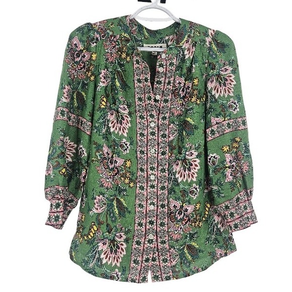 Boden Alicia Peasant Blouse Green Floral Paisley Linen Blend Puff Sleeve Size 2 - Picture 2 of 10